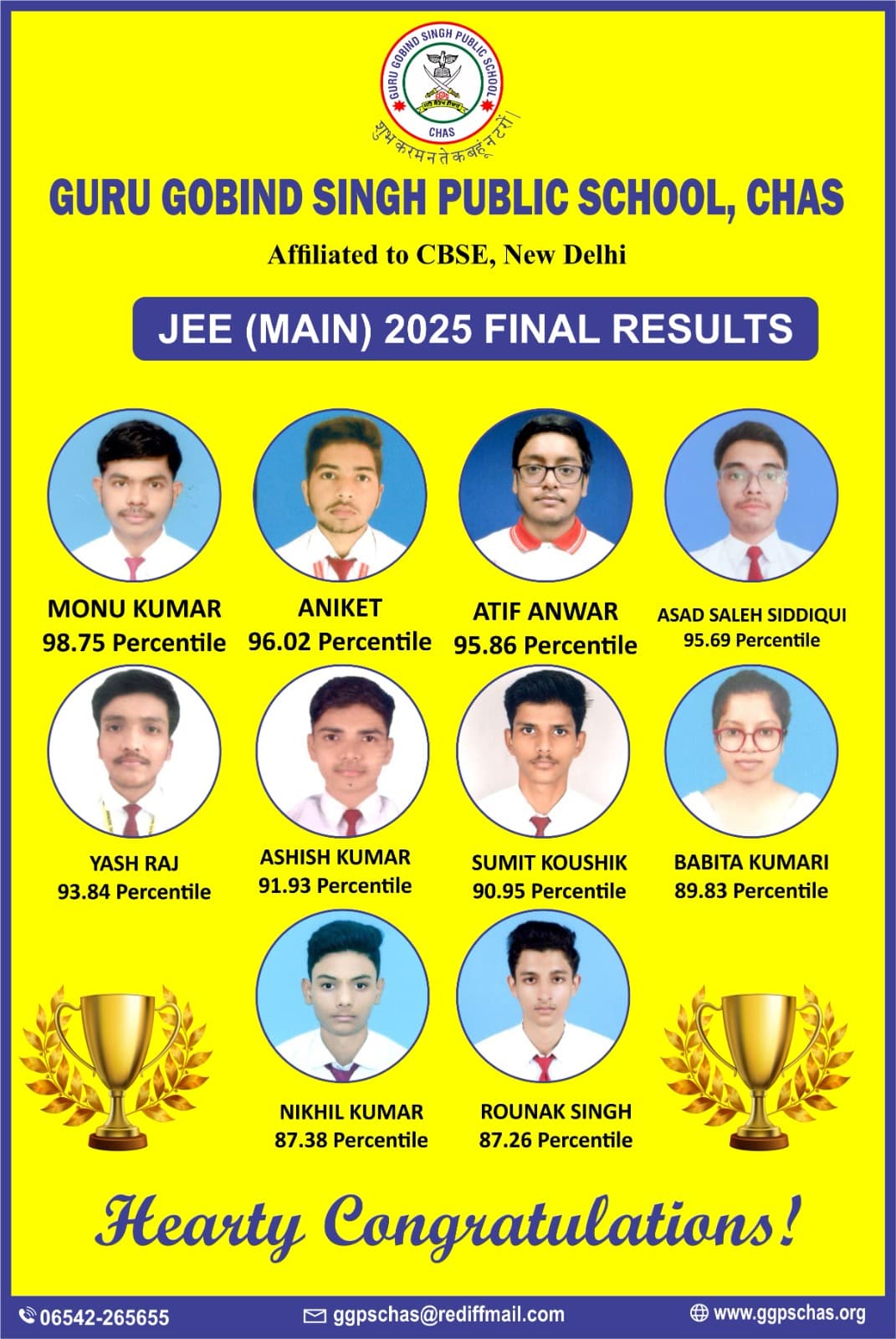 Ten Students from GGPS, Chas Qualify for Prestigious JEE Advanced 2025