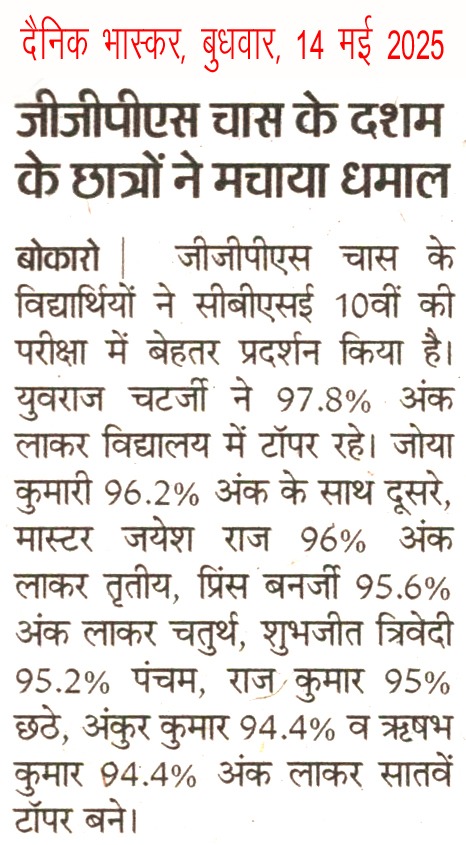 Clipping published in the Dainik Bhaskar newspaper on 14-05-2025 mentioned that the 10th grade students of GGPS created a stir.